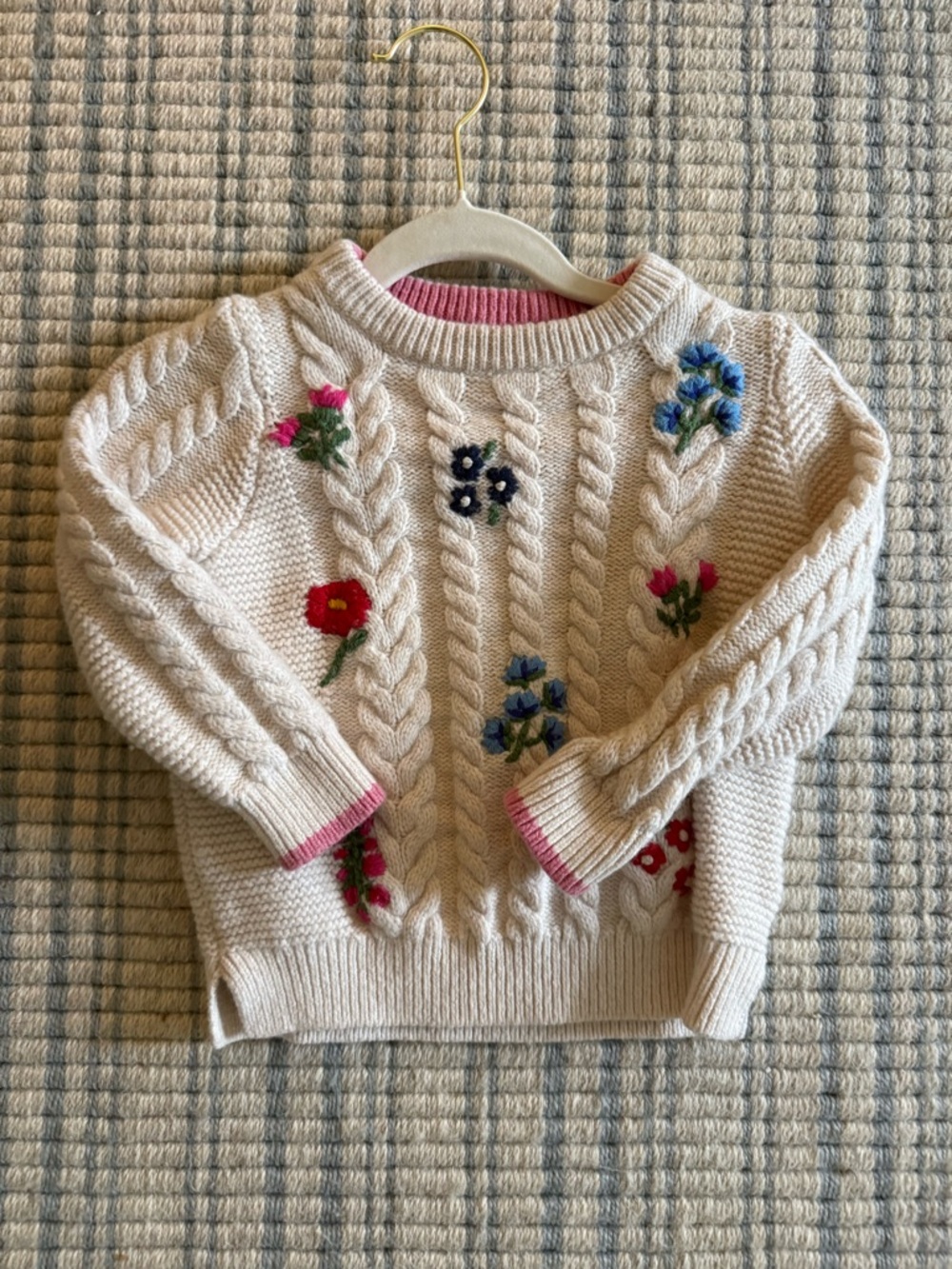Boden Cream Cable-Knit Sweater with Multicolor Floral Embroidery
